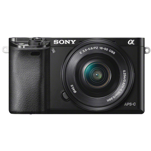 Front view of the Sony a6000 with its 16–50mm OSS power zoom lens