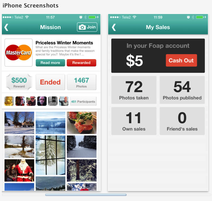Foap app screenshots from 2014 showing photo marketplace and account balance