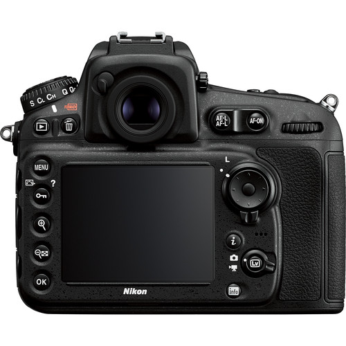 Rear of a Nikon D810 showing its optical viewfinder, LCD, buttons, and focus controls