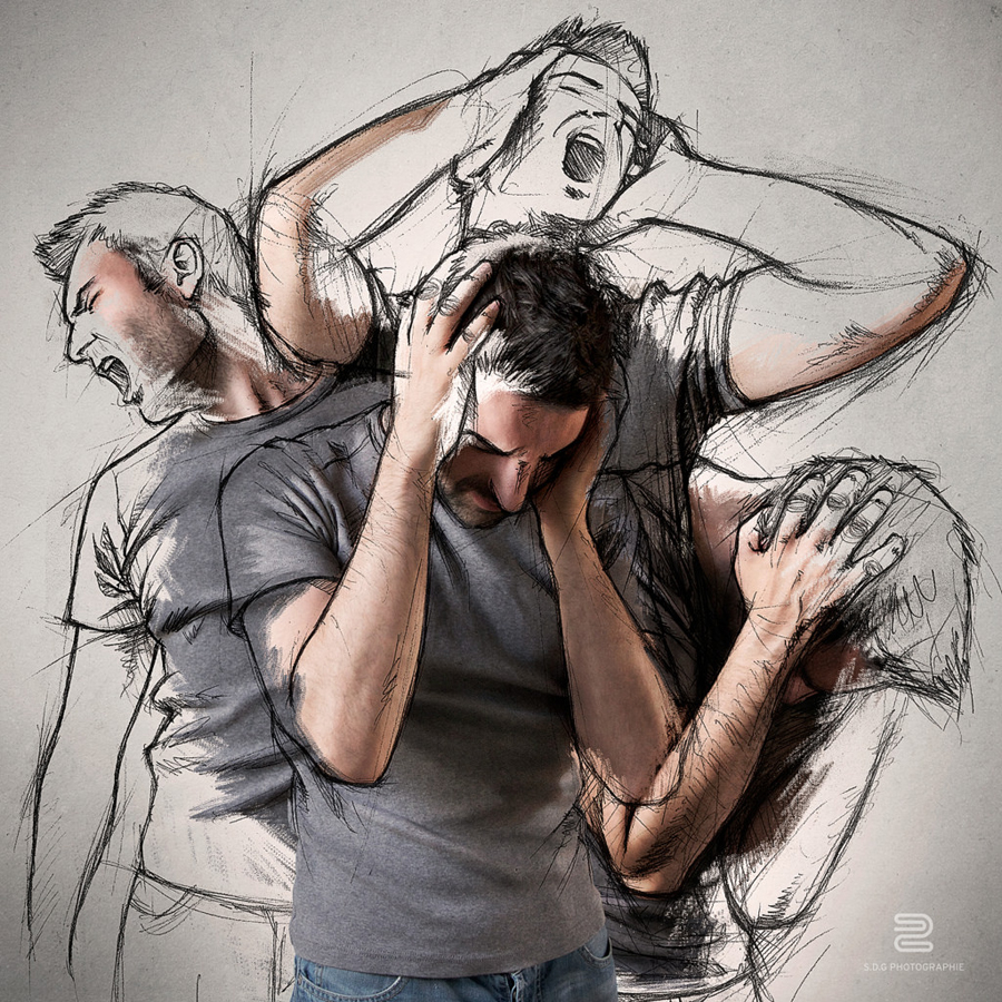 Artist and drawn characters in a layered self-portrait