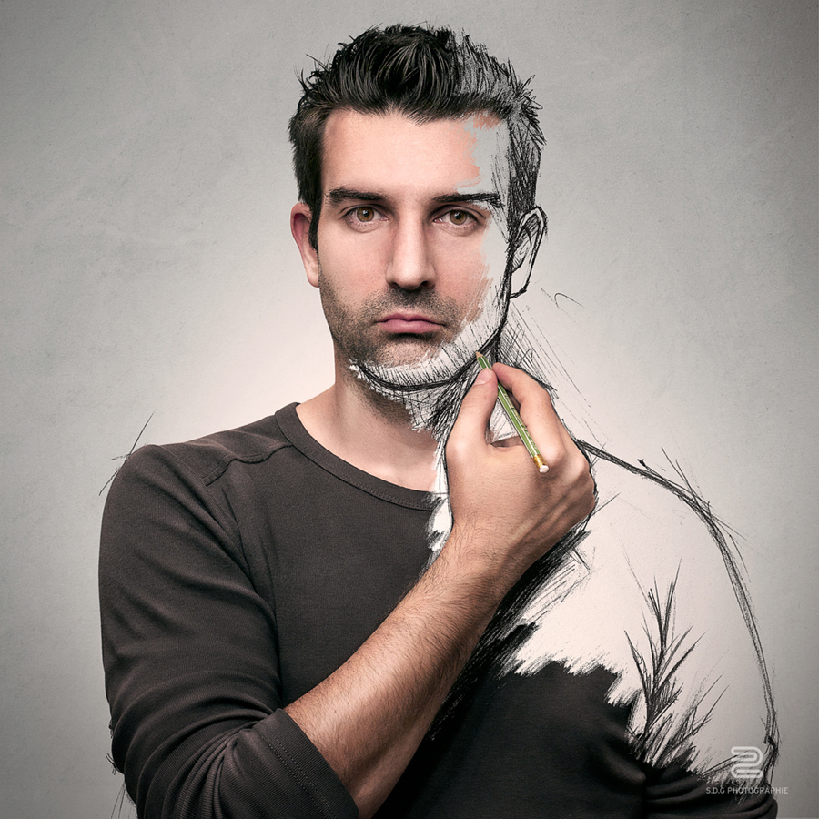 Portrait with a drawn outline continuing into the artist’s face