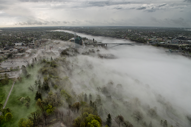 Aerial view of Niagara Falls and surrounding river