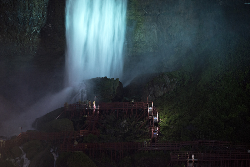 Waterfall viewed from below in the dark
