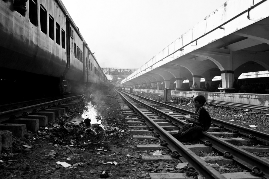 Train tracks at a crowded station