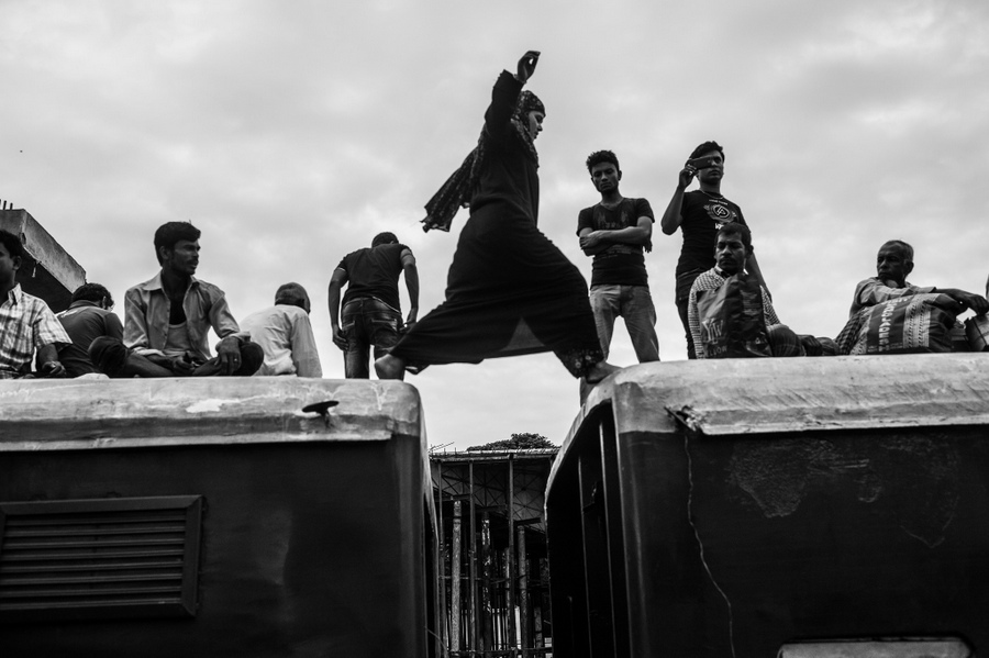 Passengers gathered on the roof of a train