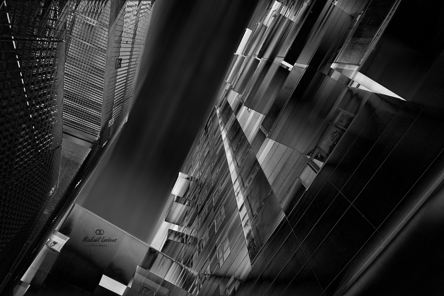 Black-and-white geometric view of a building
