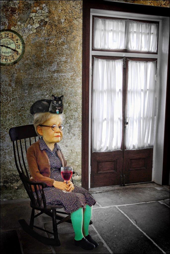 Granny figure seated near a doorway