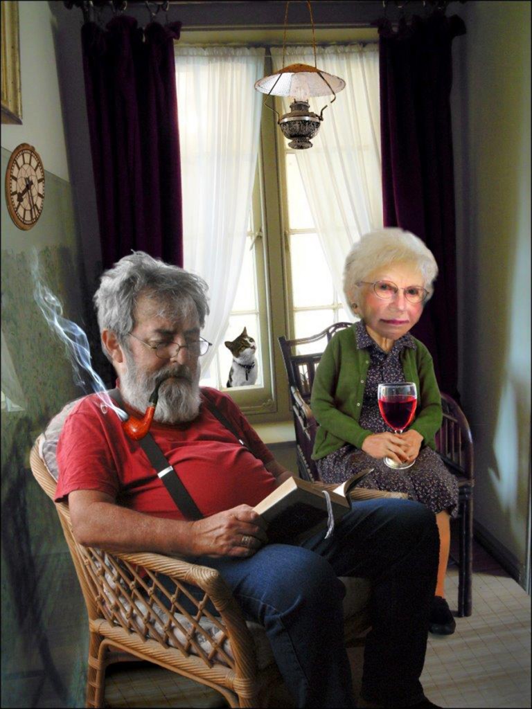 Two people in a living room with the Granny figure