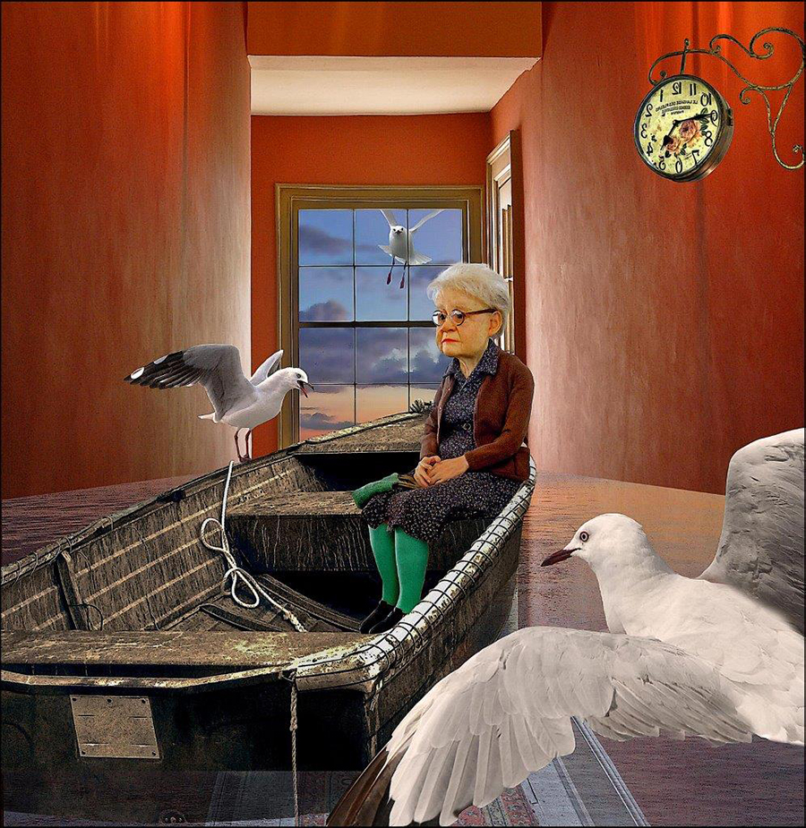 Granny figure sitting in a hallway with a cat