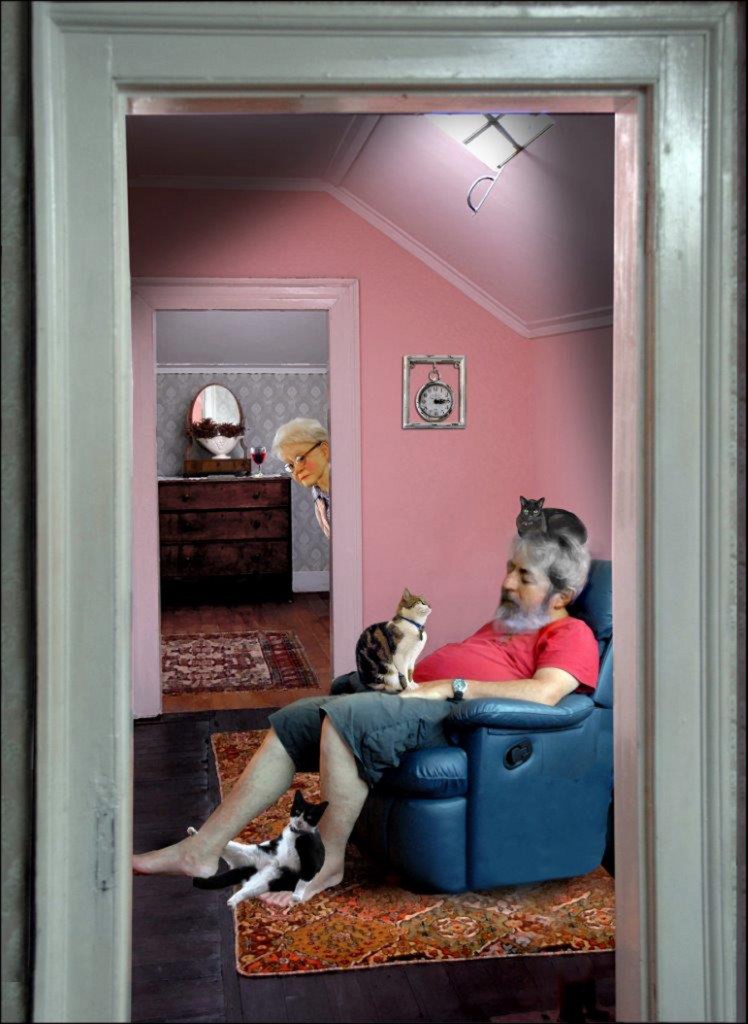 Granny figure seen through a room doorway