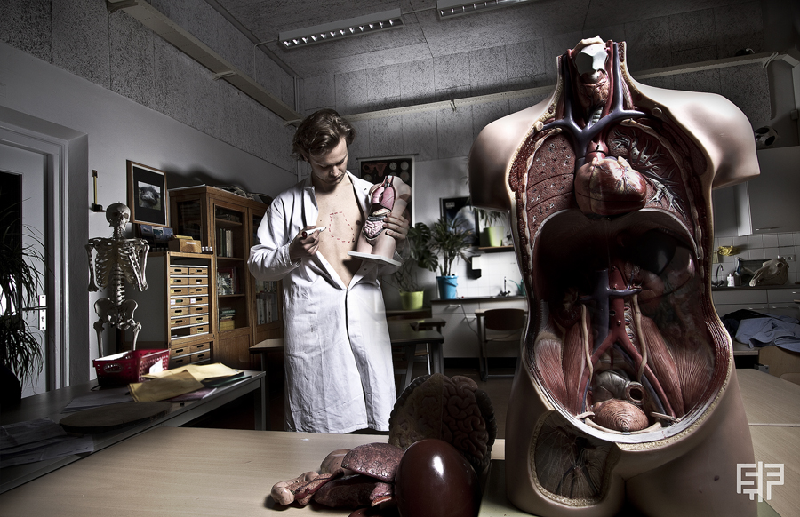 Staged interior portrait with distorted reflections