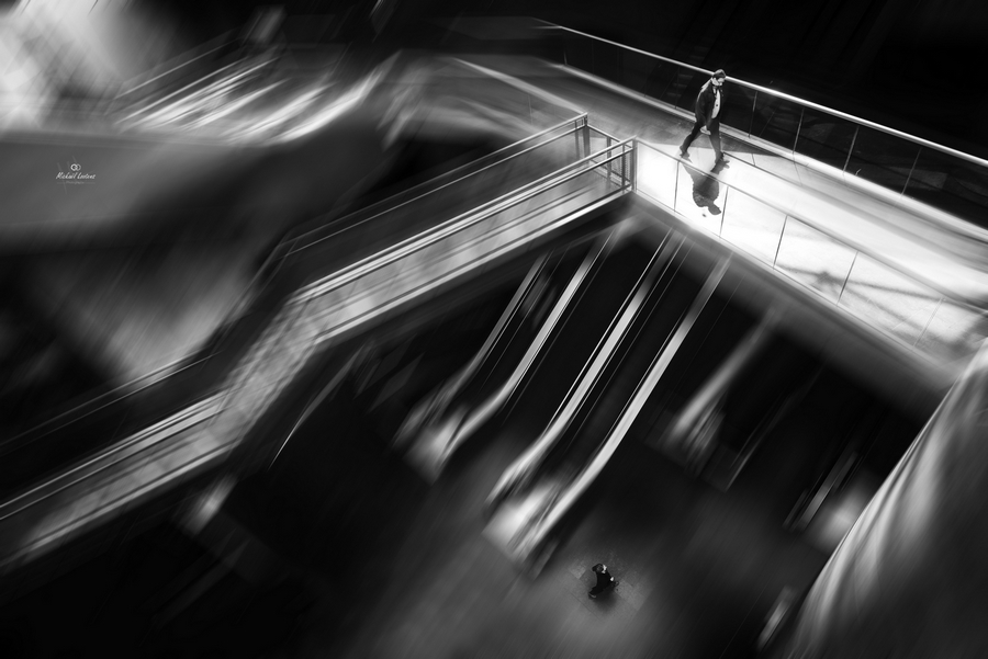 Monochrome view along steps or rails