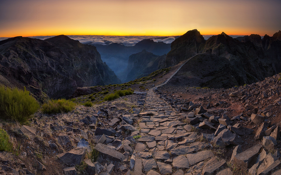 Stone path through rugged mountains