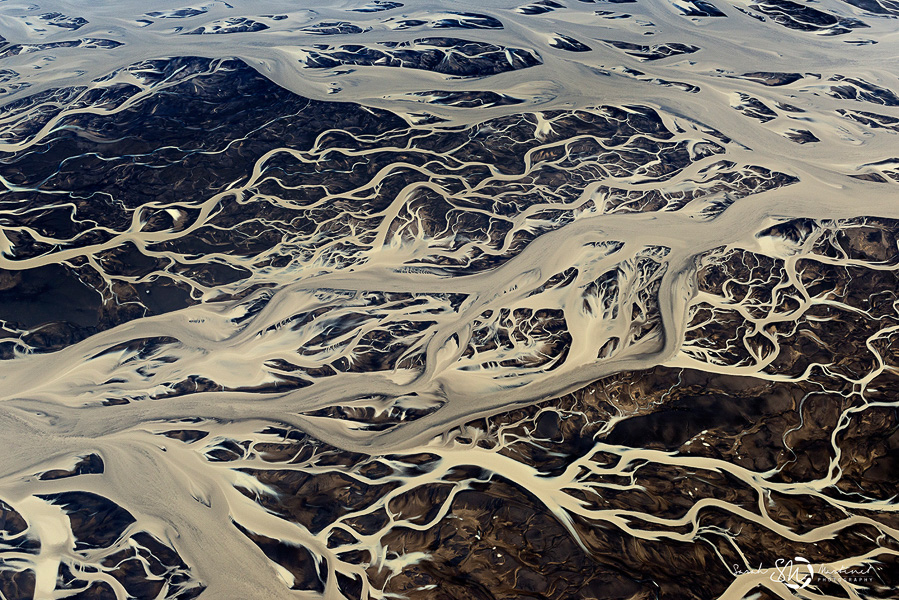 Braided glacial rivers in black and white