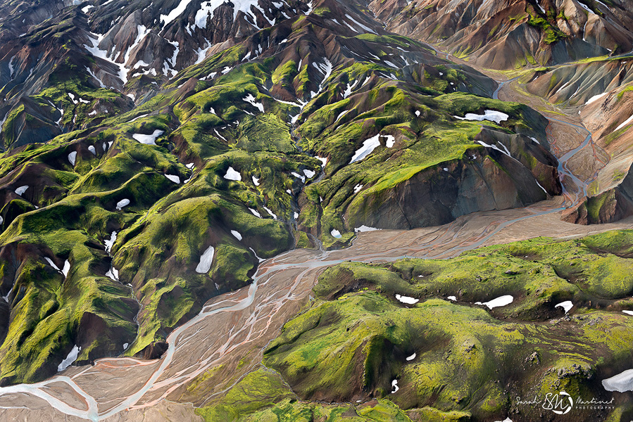 Aerial view of mossy Icelandic mountains