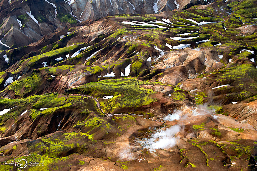 Aerial view of mossy Icelandic hills