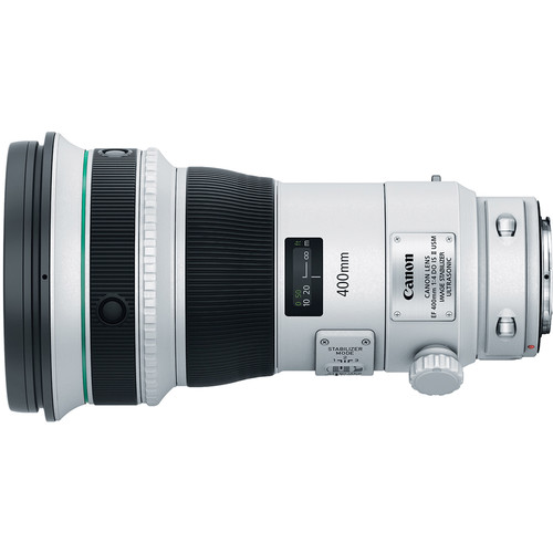 Canon EF 400mm f/4 DO IS II USM in profile with distance scale and drop-in filter area