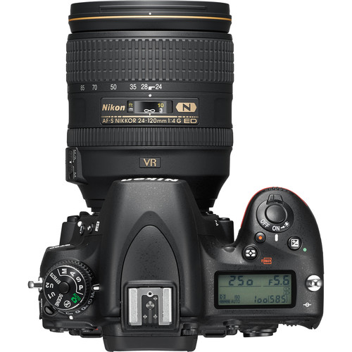 Top of Nikon D750 with exposure display, mode dial and AF-S 24-120mm lens