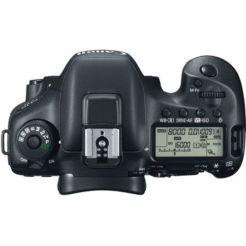 Top view of the Canon EOS 7D Mark II mode dial, shutter button and status display