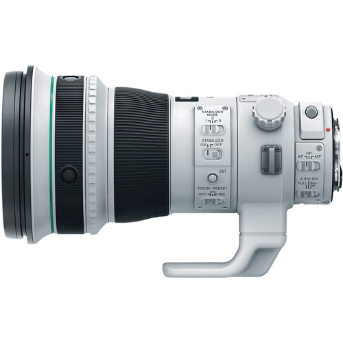 Side controls on Canon 400mm DO II including focus limiter and image stabilizer switches
