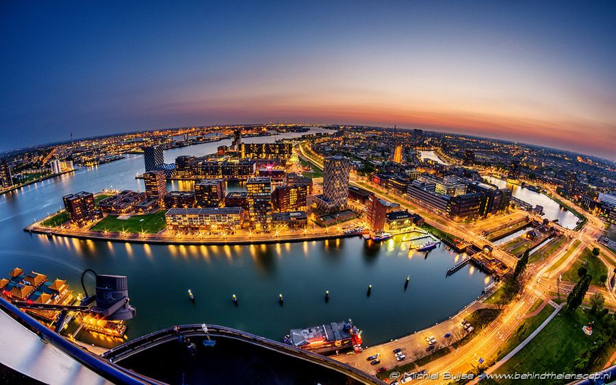 City harbor at blue hour from above