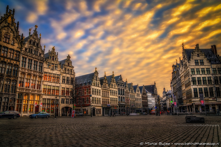 Historic city square at sunset