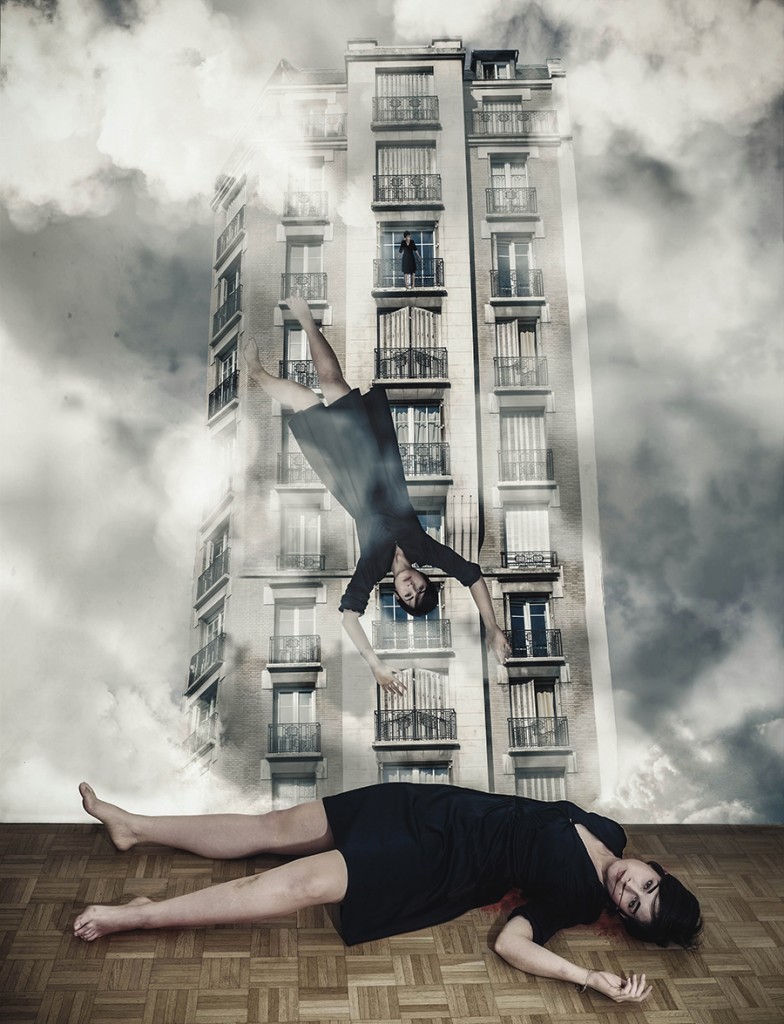 Composite of city buildings and a reclining woman