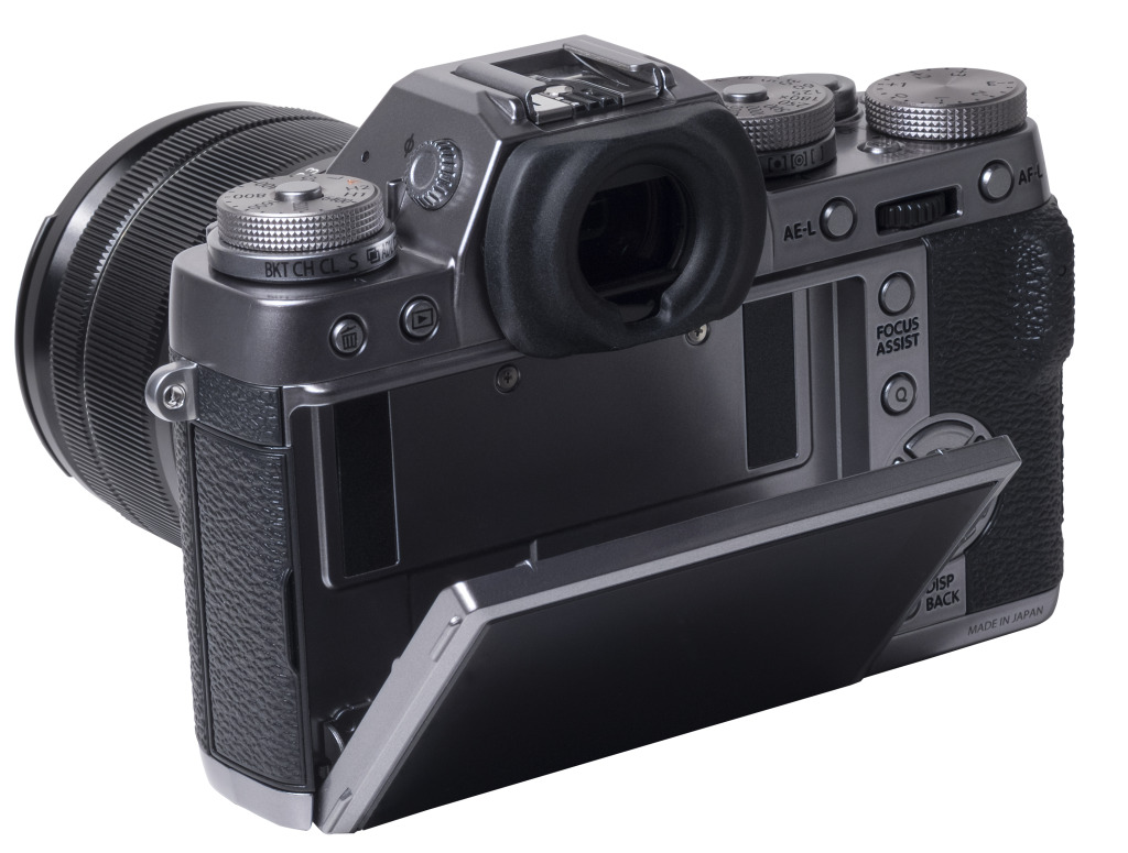 Rear X-T1 Graphite Silver screen tilted upward and focus assist controls