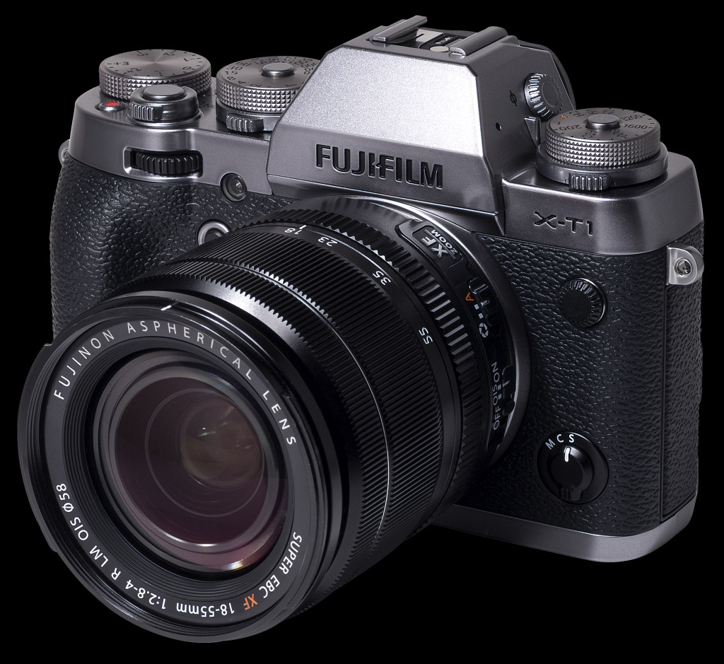 Angled X-T1 Graphite Silver view showing front focus selector and lens aperture ring