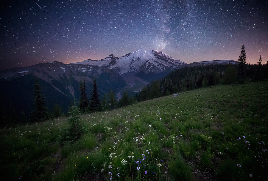 Mount Rainier beneath stars