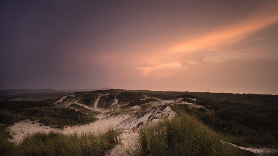 Sandy path across dunes at sunset