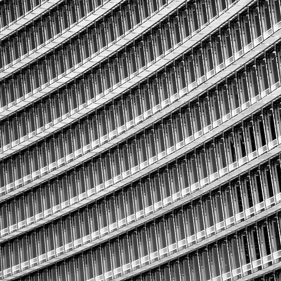 Grid of repeating windows in black and white