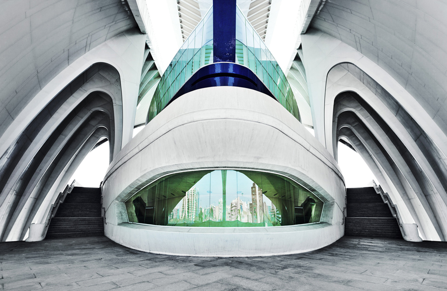 Symmetrical interior hall beneath organic arches