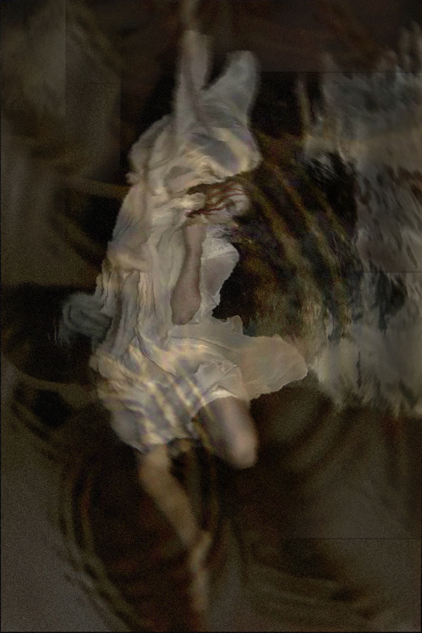 Underwater figure amid blurred pale fabric