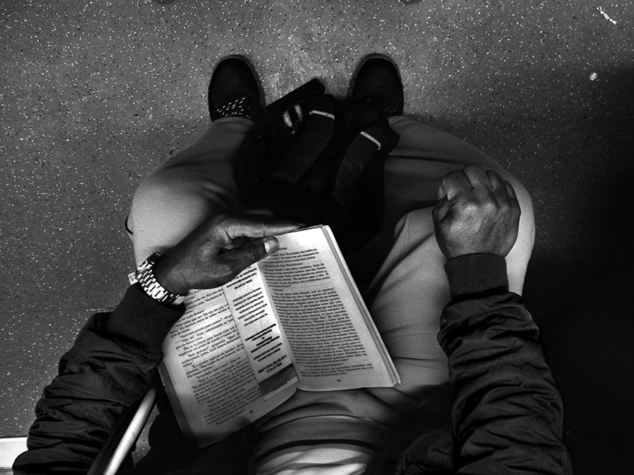 Person reading while seated on a train