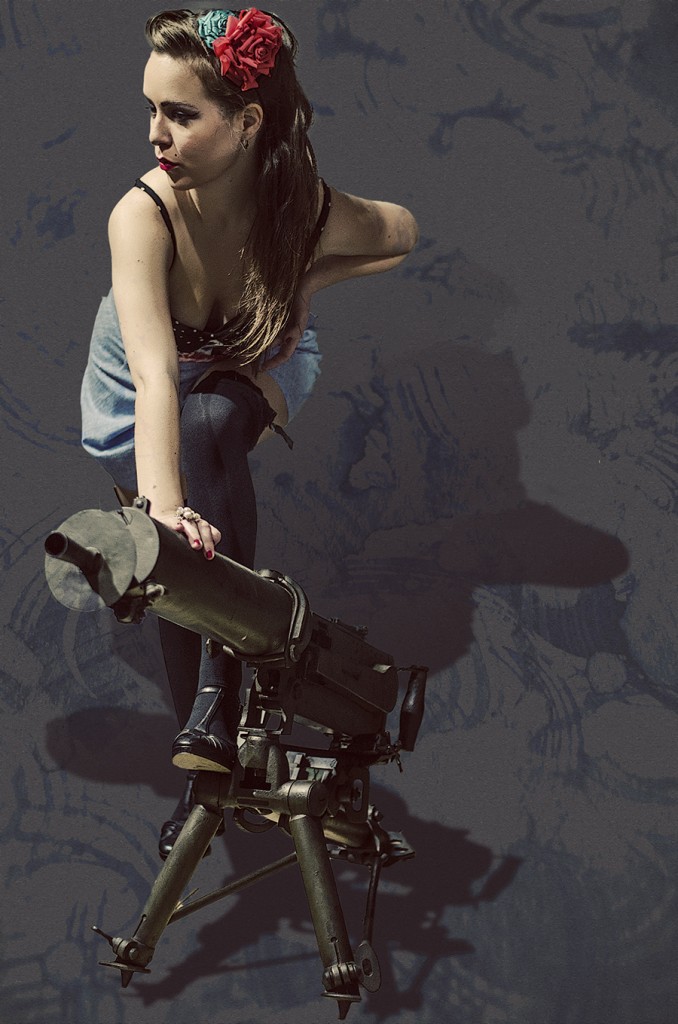 Woman in retro styling beside museum equipment