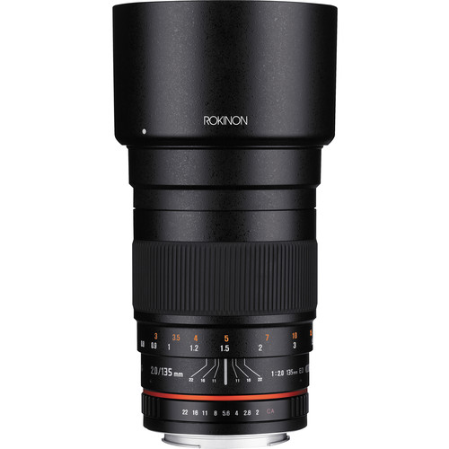Side of the Rokinon 135mm f/2 ED UMC showing its focus and aperture rings