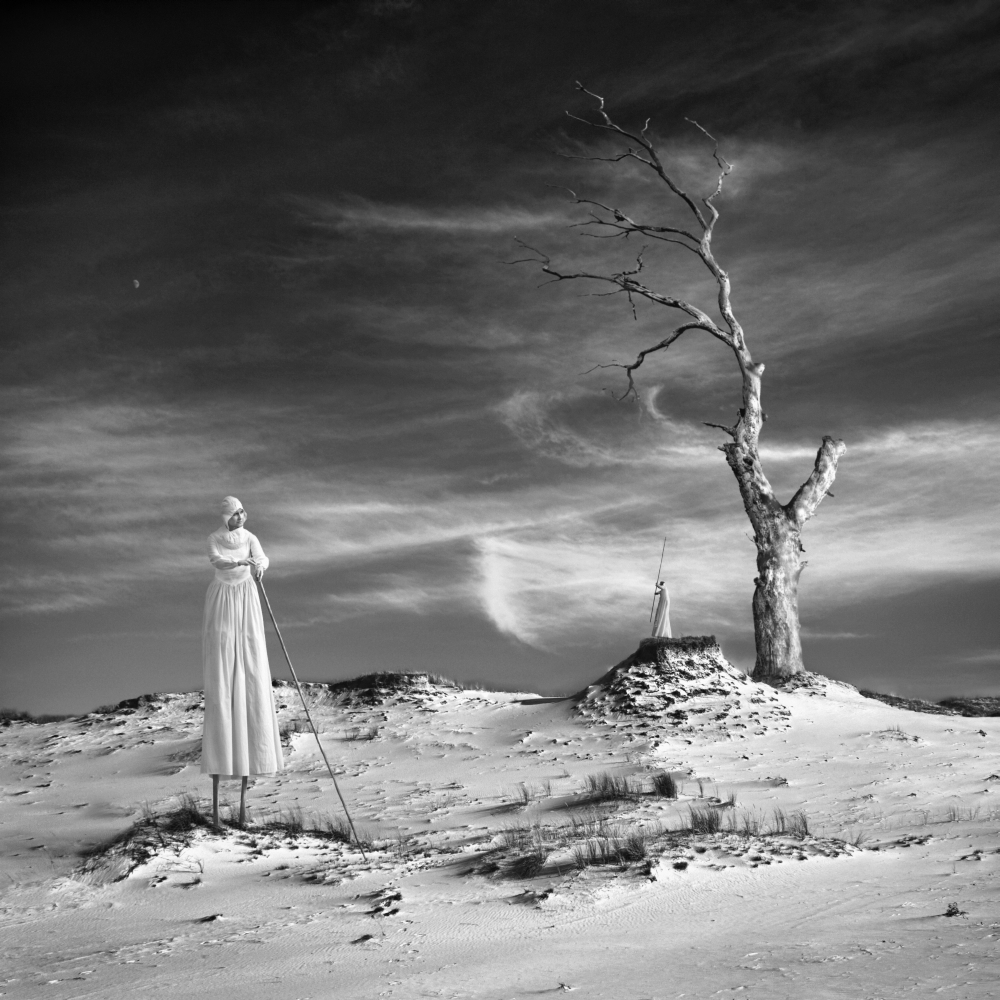 White-clad figure beside a bare tree in a desert