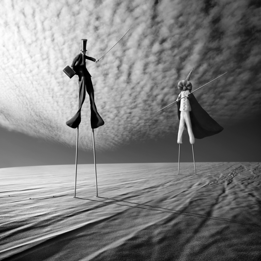 Two pale figures beneath a clustered sky