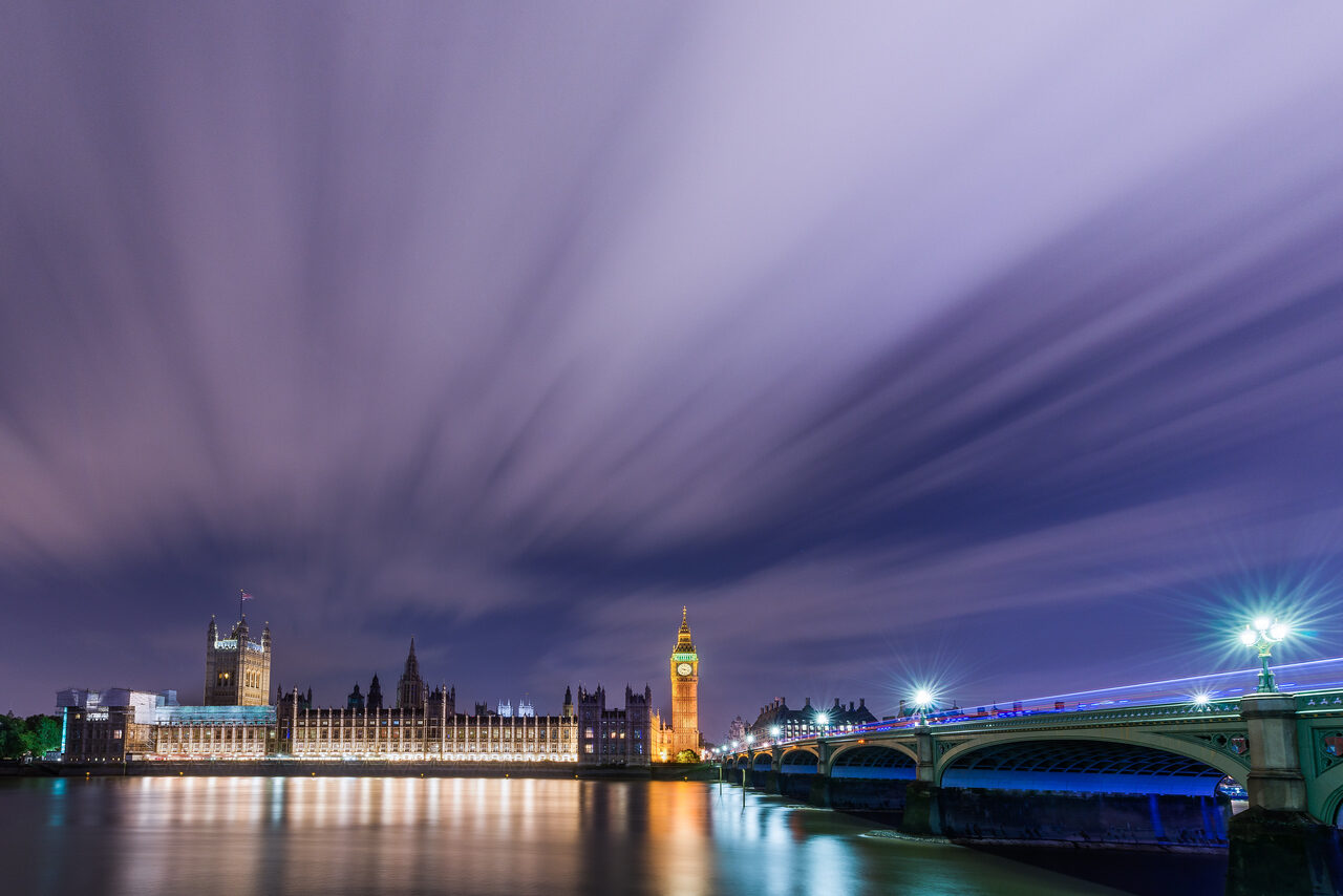 Palace of Westminster, Elizabeth Tower, and Thames reflections at night, illustrating long-exposure composition