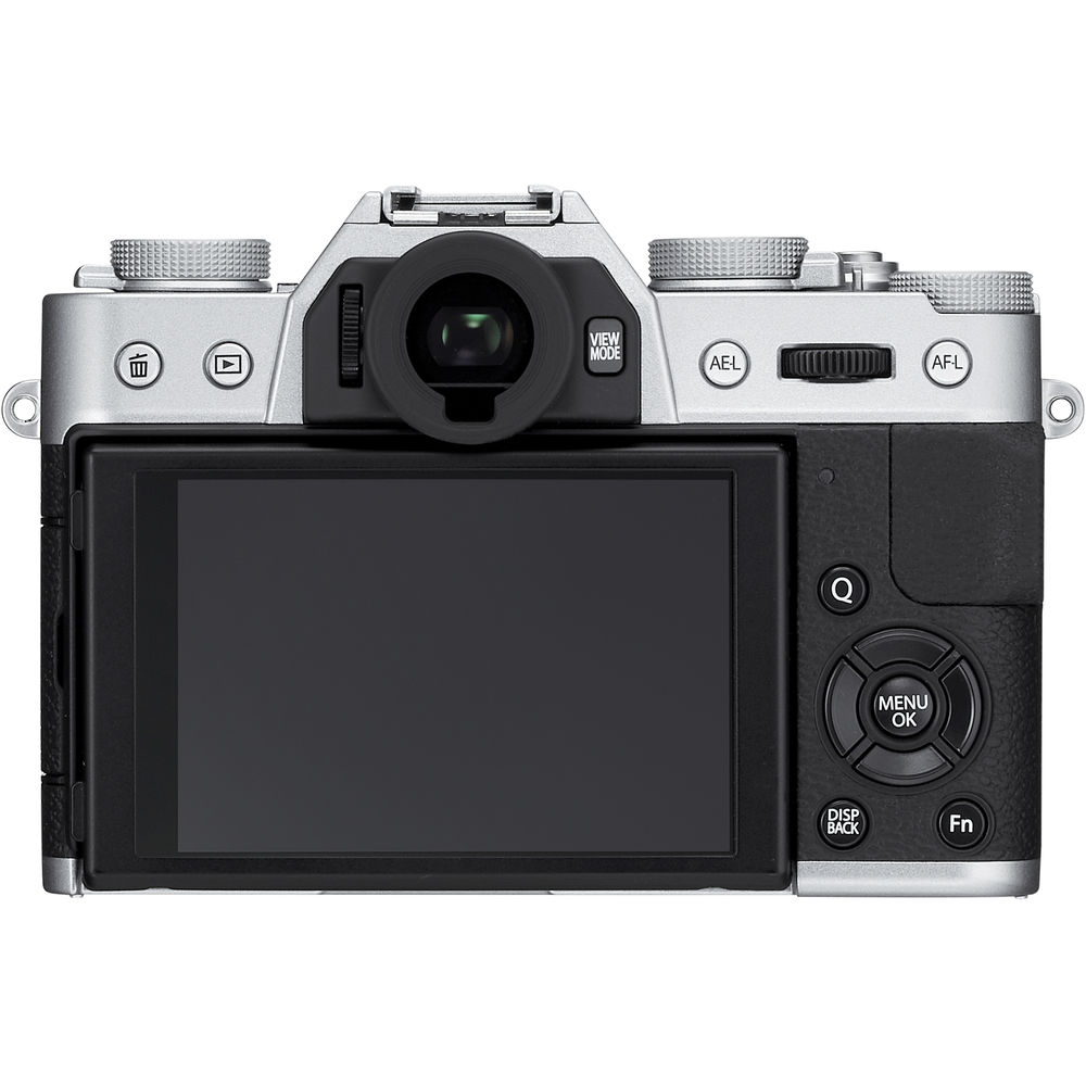Silver Fujifilm X-T10 rear view showing electronic viewfinder, LCD, and rear controls