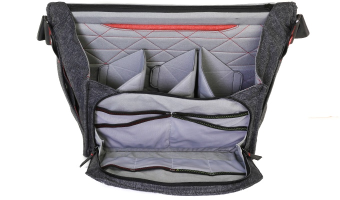 Open charcoal Everyday Messenger V1 showing its folding dividers and front organizer pockets