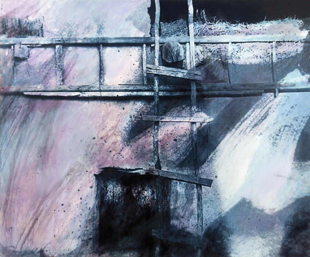 Intersecting horizontal and vertical structural forms within pale blue and violet textures