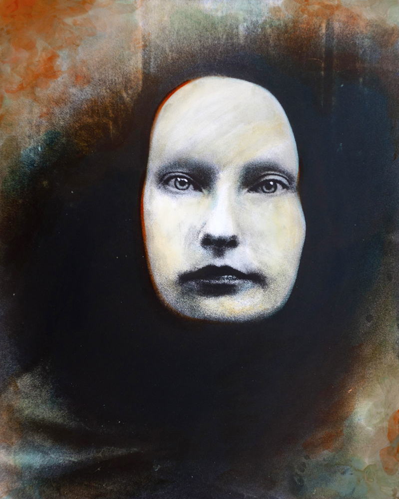 Front-facing pale face with a direct gaze framed by darkness and warm orange textures