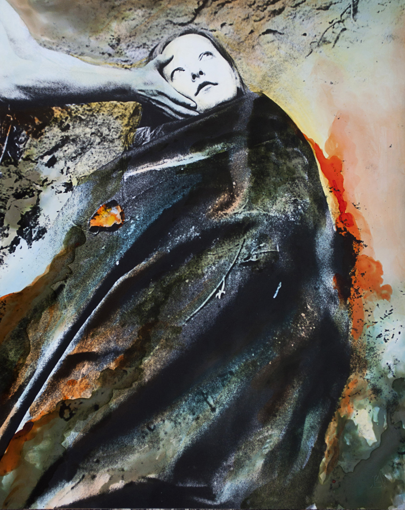 Upward-looking pale face above dark draped fabric surrounded by orange and blue-green painterly textures
