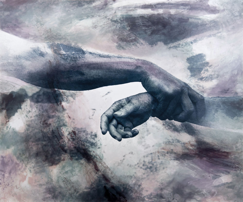 Extended forearm and curled hand surrounded by pale violet and gray painterly textures