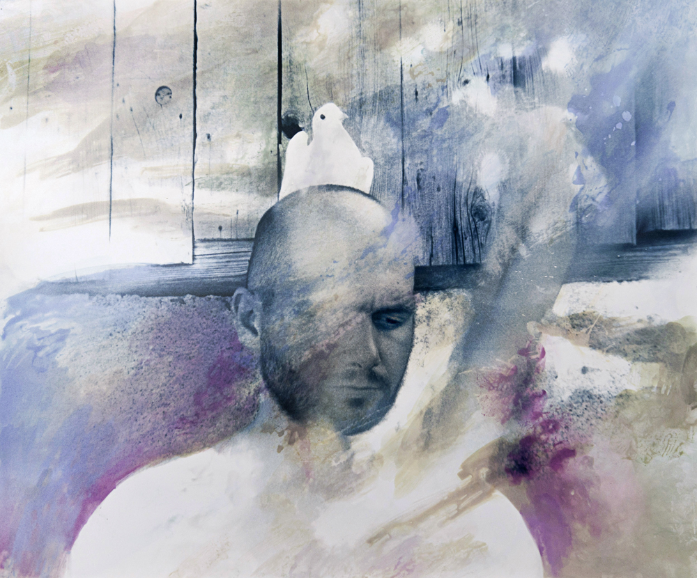 Pale bird above a downward-looking portrait within blue, gray, and violet painterly textures