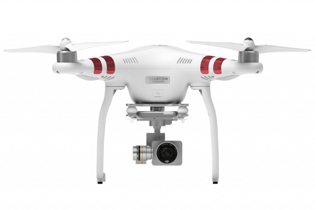Front view of the DJI Phantom 3 Standard with red arm bands, camera and landing gear
