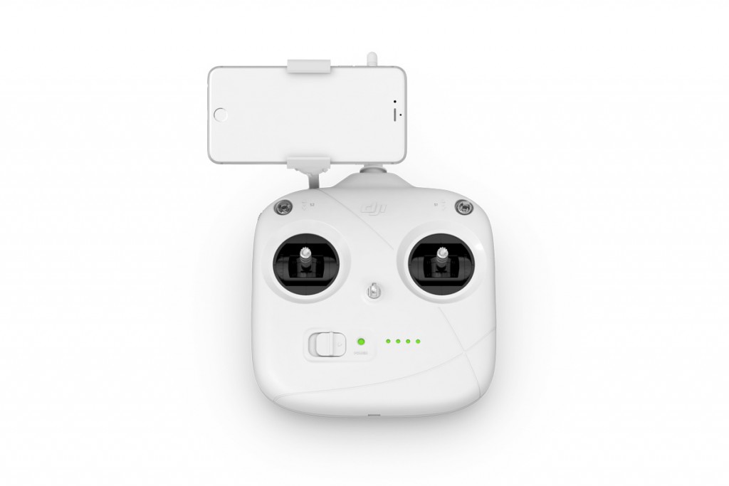DJI Phantom 3 Standard remote controller with a phone in its clamp