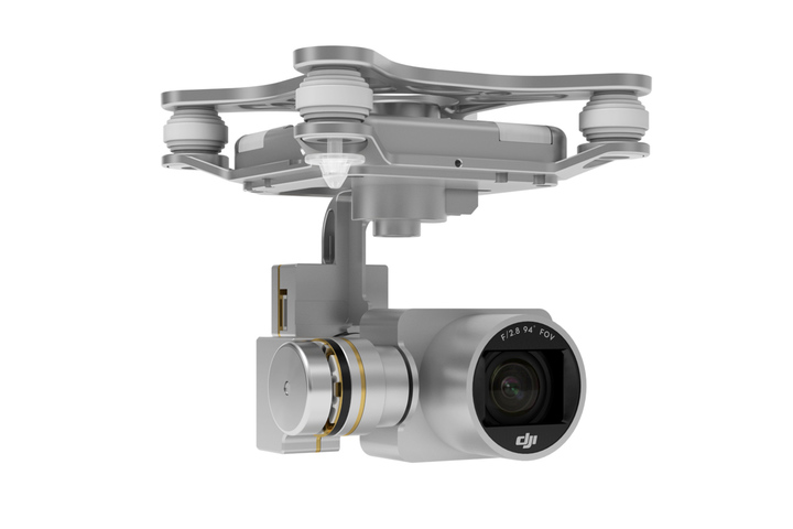 Close view of the Phantom 3 Standard camera, gimbal arms and vibration mounts